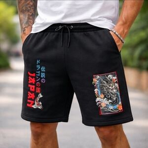 Members Only Black Dragon Graphic Athletic Shorts with Red & Blue Accents